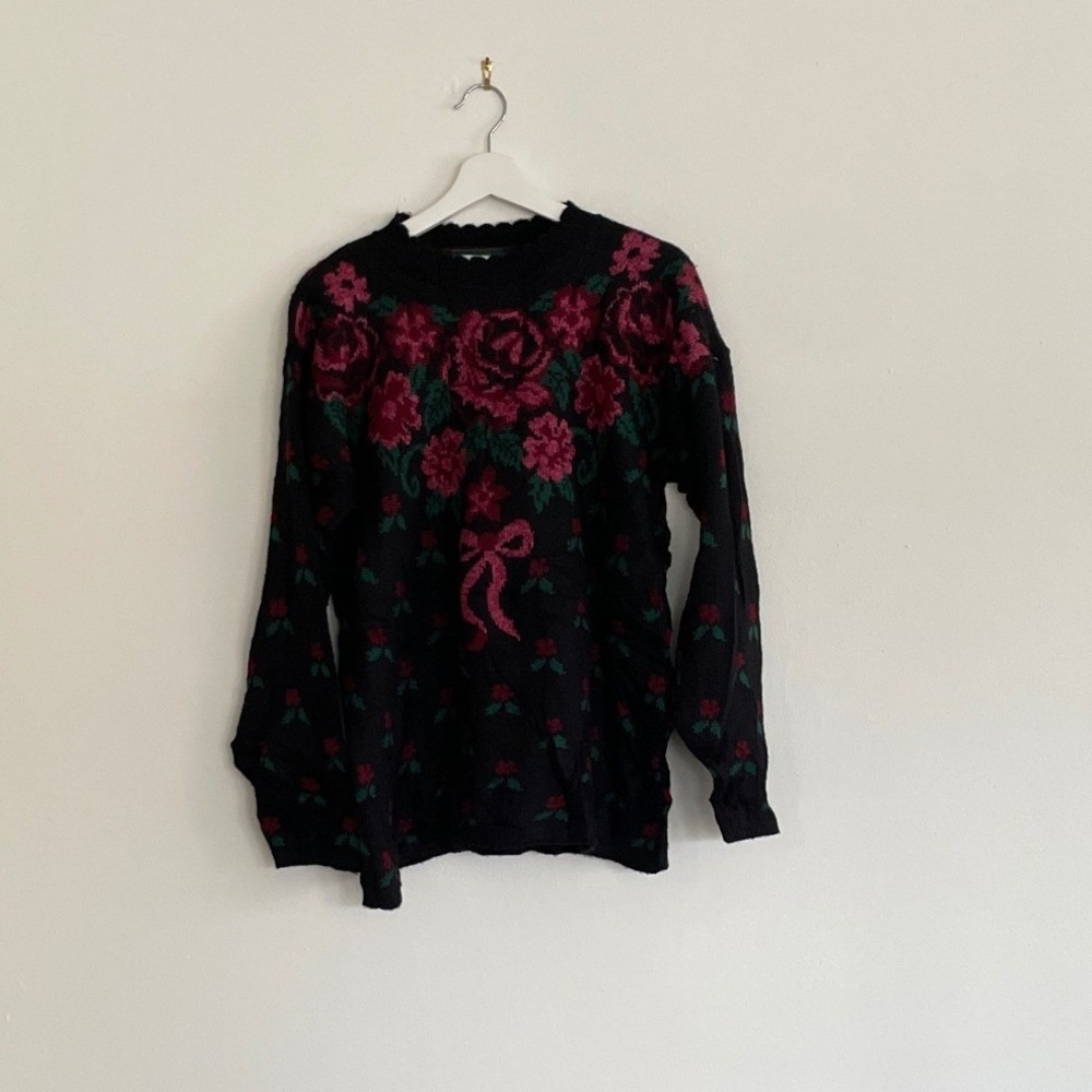 Vintage Dana Scott Floral Rose Bow Knit Sweater Black Pink Mock Neck Medium USA